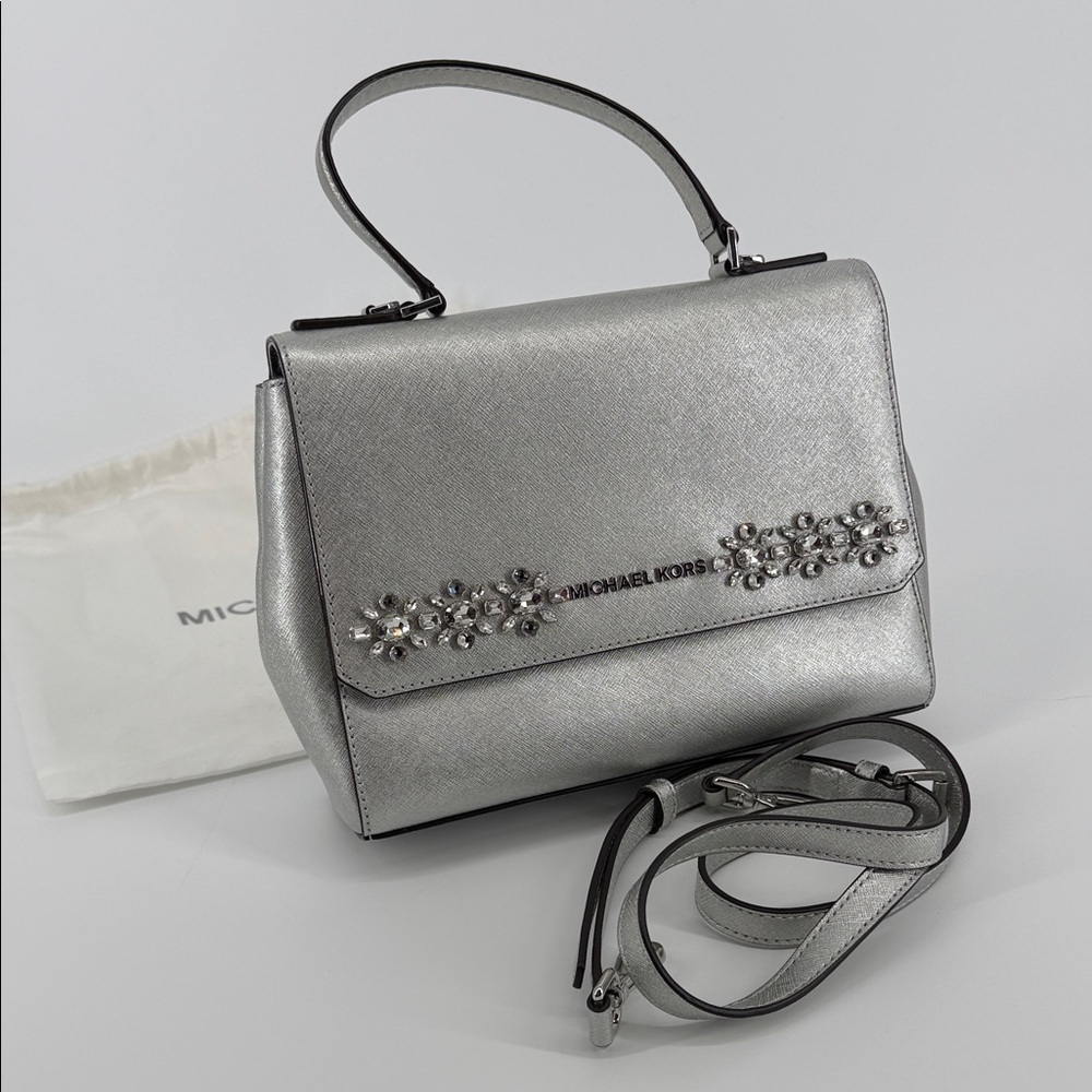 Michael Kors Silver Leather Small Ava Crystals Embellished Top Handle Bag Rare
